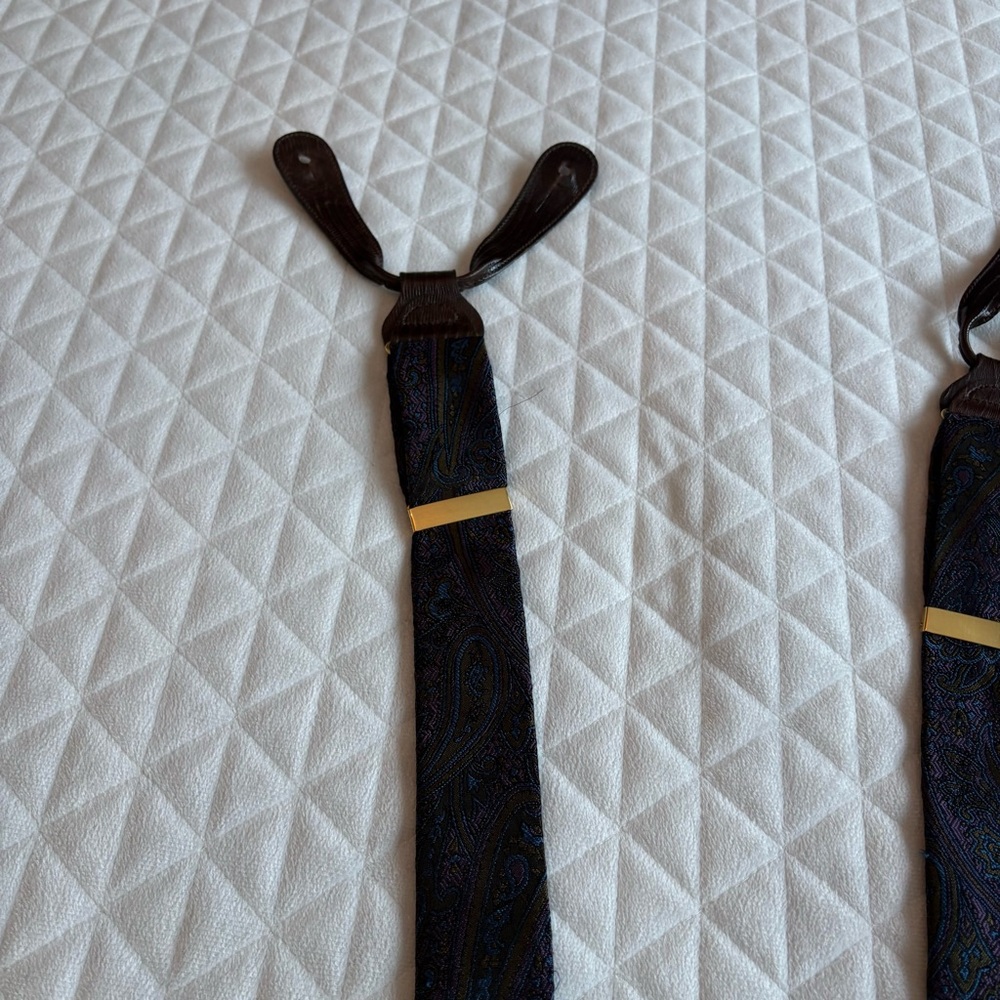 Trafalgar Men’s Suspenders Blue Purple Paisley Floral Print Leather Fittings - Picture 6 of 10